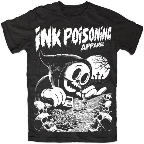 Ink poisoning apparel - Printed on 100% Cotton fabric with a modern slim fit. These tees are made a little longer in length to help with shrinking during the first wash. The fabric is also dyed extra black to help prevent fading. If you like your shirts a little baggy, we recommend going one size up. How to wash Black Clothing:Use cold water